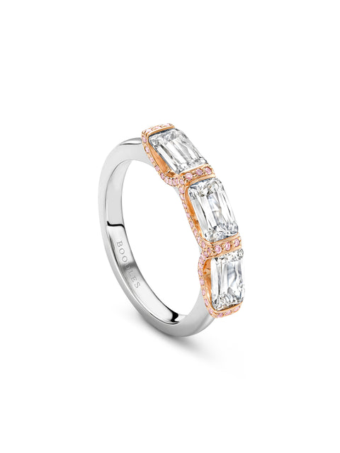 Ashoka Three Stone and Pink Diamond Eternity Ring