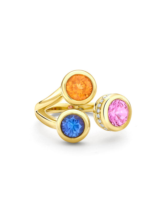 Beach Three Stone Sapphire Garnet Tanzanite Yellow Gold Ring