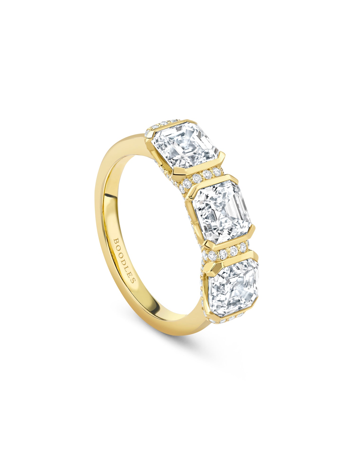 Trilogy Asscher Cut Diamond Yellow Gold Ring | Boodles