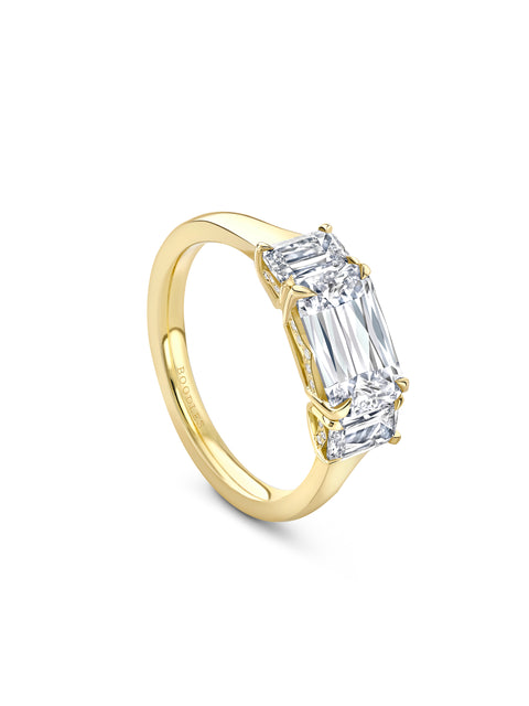 Classic Three Stone Light Pillar Ashoka Diamond Yellow Gold Ring