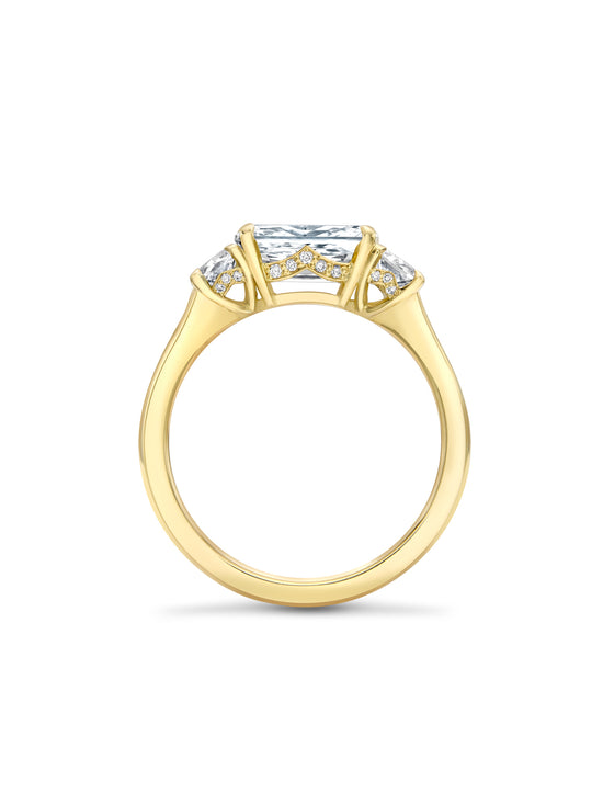 Classic Three Stone Light Pillar Ashoka Diamond Yellow Gold Ring