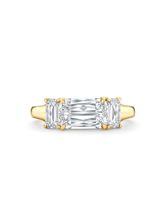 Classic Three Stone Light Pillar Ashoka Diamond Yellow Gold Ring