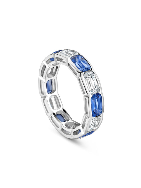 Classic Ashoka Diamond Sapphire Scalloped Full Hoop Platinum Eternity Ring