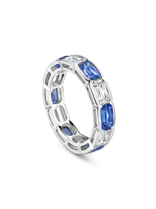 Classic Ashoka Diamond Sapphire Scalloped Full Hoop Platinum Eternity Ring