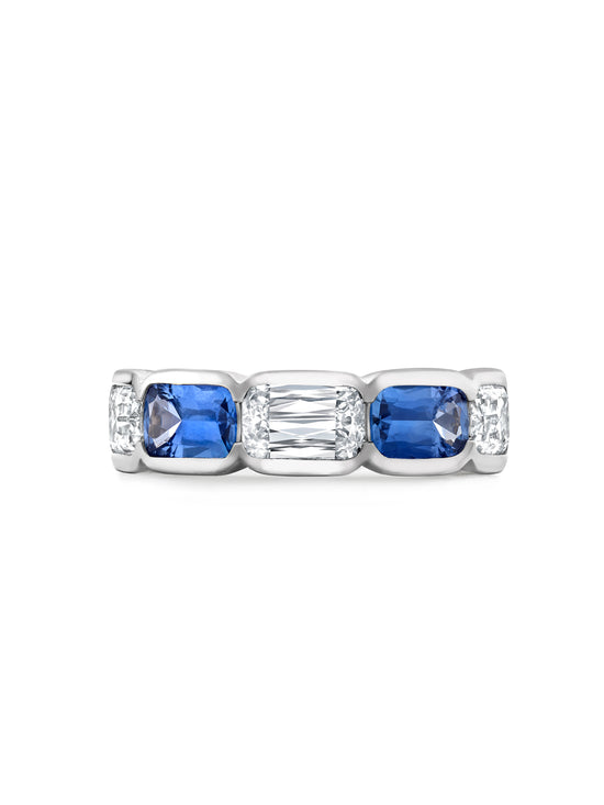 Classic Ashoka Diamond Sapphire Scalloped Platinum Eternity Ring