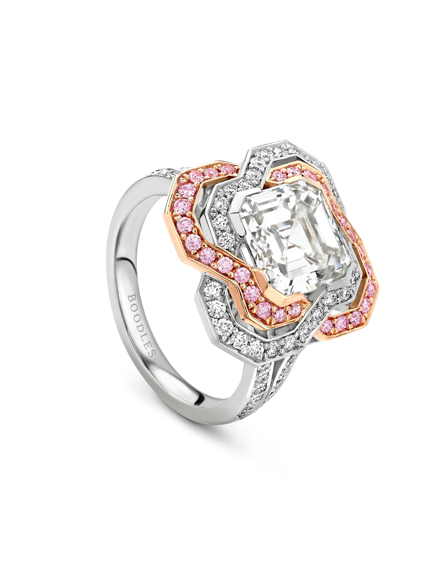 Pavilion Asscher Diamond and Pink Diamond Platinum Ring