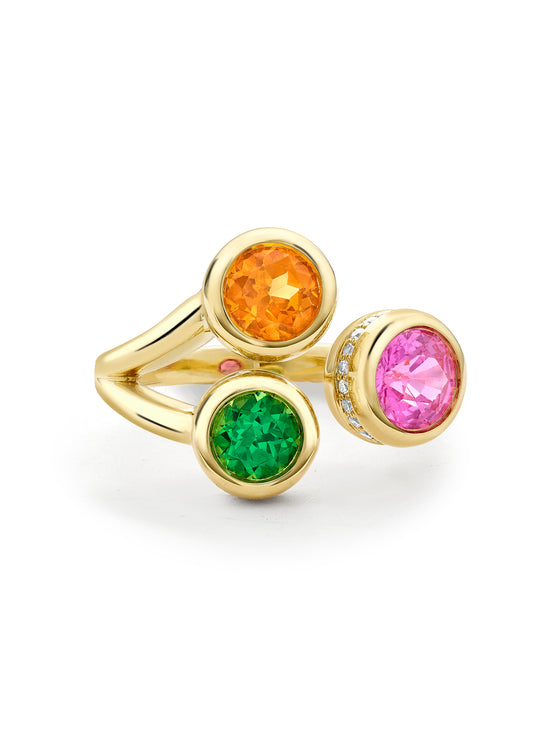 Beach Three Stone Sapphire Garnet Tsavorite Yellow Gold Ring