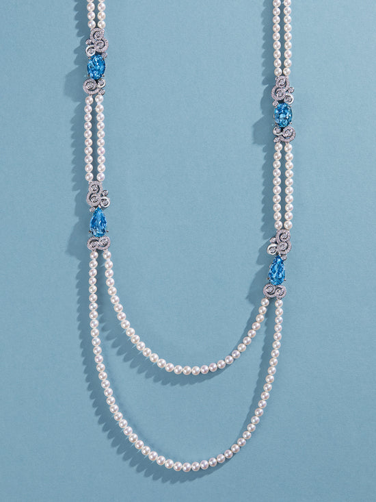 A Family Journey Geneva Aquamarine and Pearl Platinum Necklace