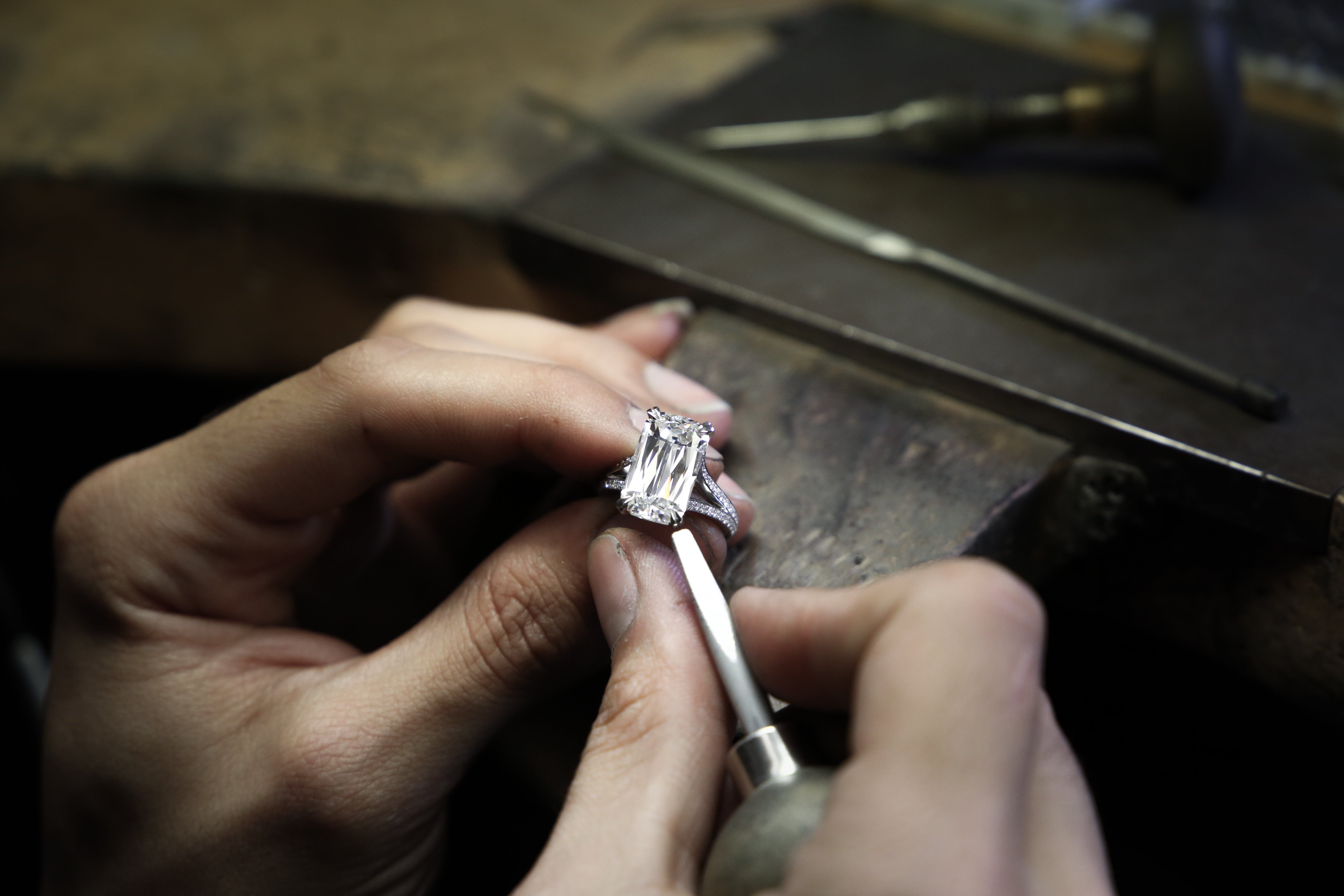 Boodles Ashoka split shoulders platinum ring in production