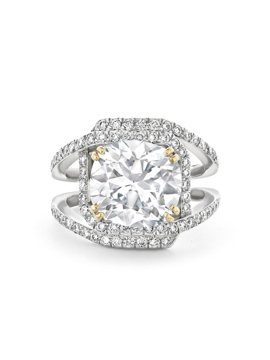 Classic Cushion Diamond Platinum and Yellow Gold Ring