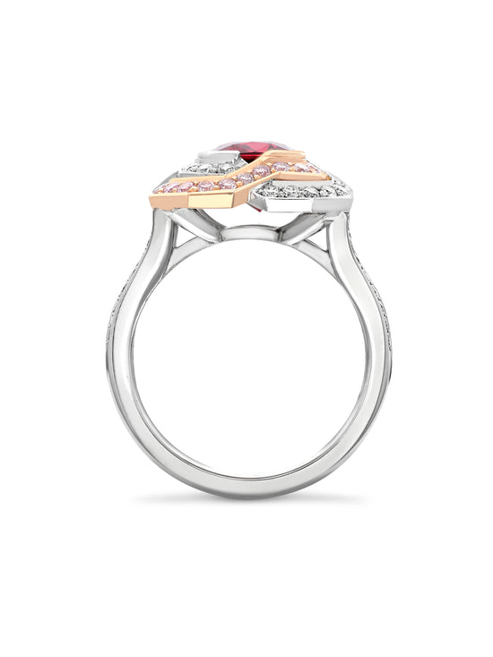 Pavilion Cushion Ruby Platinum and Rose Gold Ring