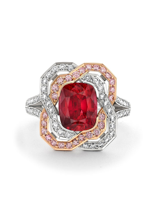 Pavilion Cushion Ruby Platinum and Rose Gold Ring