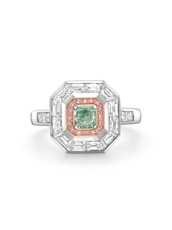 Vintage Radiant Cut Green Diamond and Pink Diamond Ring