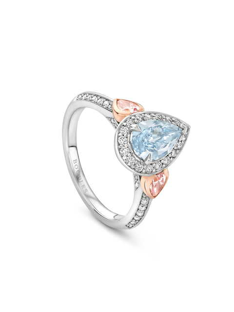 Vintage Pear Blue Diamond Platinum and Rose Gold Ring