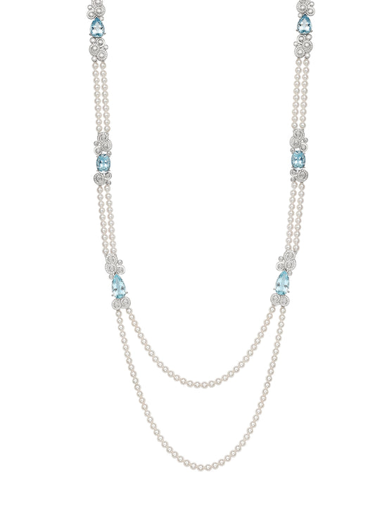 A Family Journey Geneva Aquamarine and Pearl Platinum Necklace