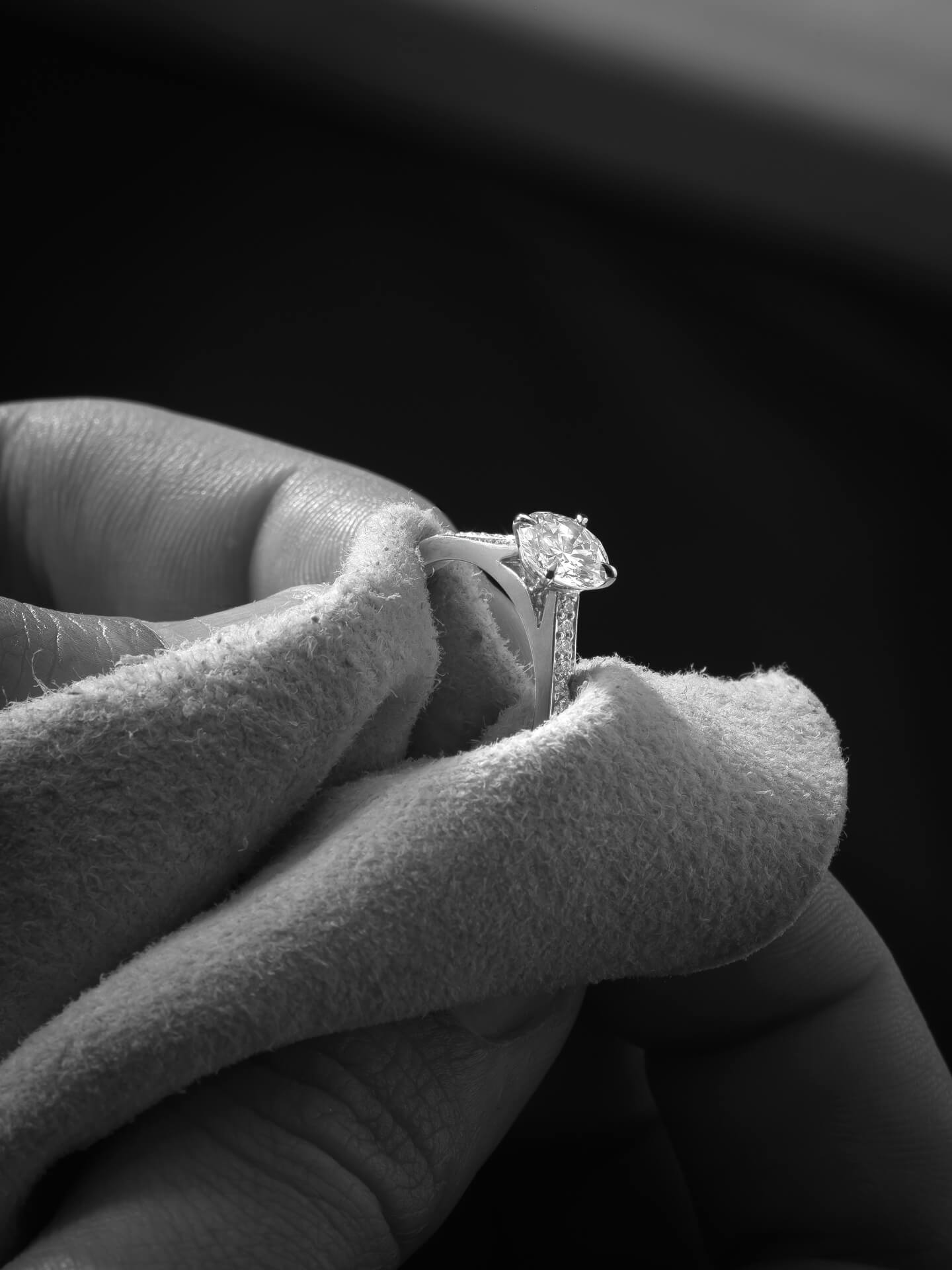 Boodles diamond guide, platinum brilliant engagement diamond ring in production