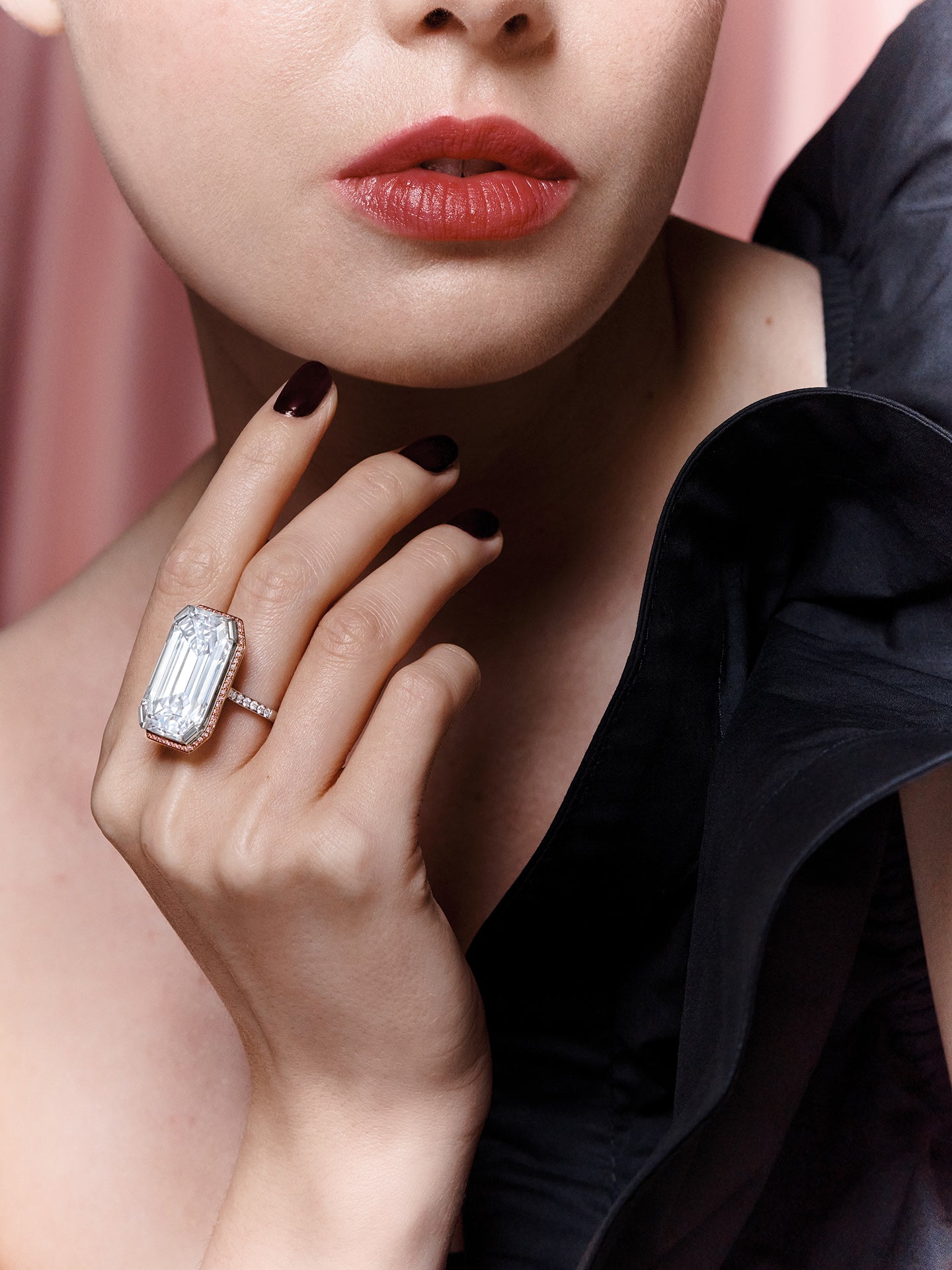 Boodles Cullinan Legacy Diamond Platinum Ring, emerald cut diamond in platinum and 18 carat Single Mine Origin pink gold.