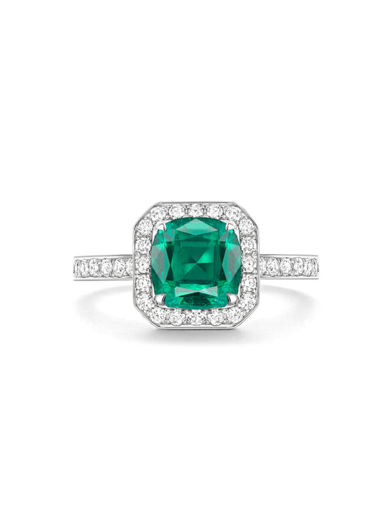 Vintage Cushion Cut Emerald Platinum Ring