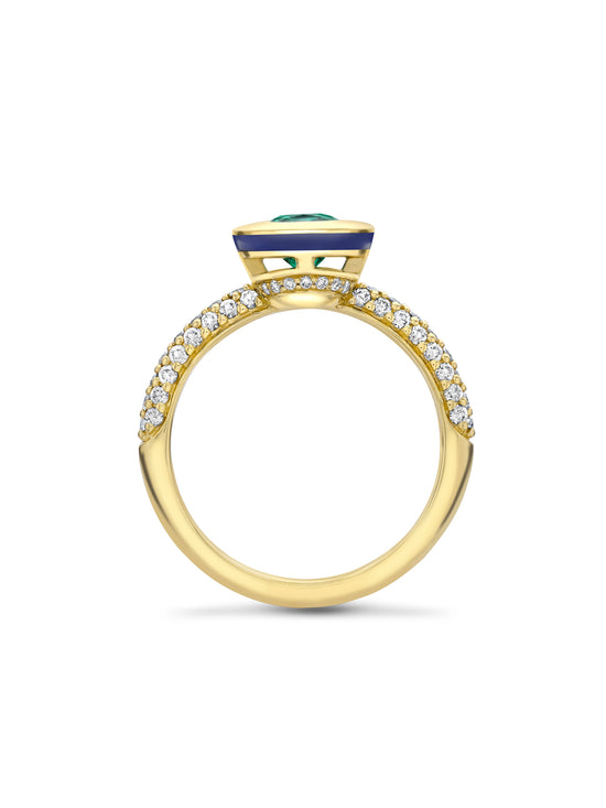 Florentine Cushion Emerald Yellow Gold Ring