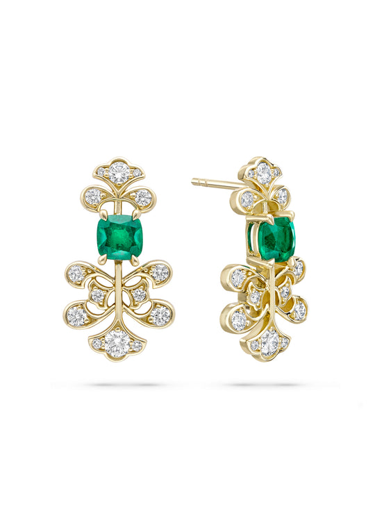 Secret Garden Fern Emerald Diamond Yellow Gold Earrings