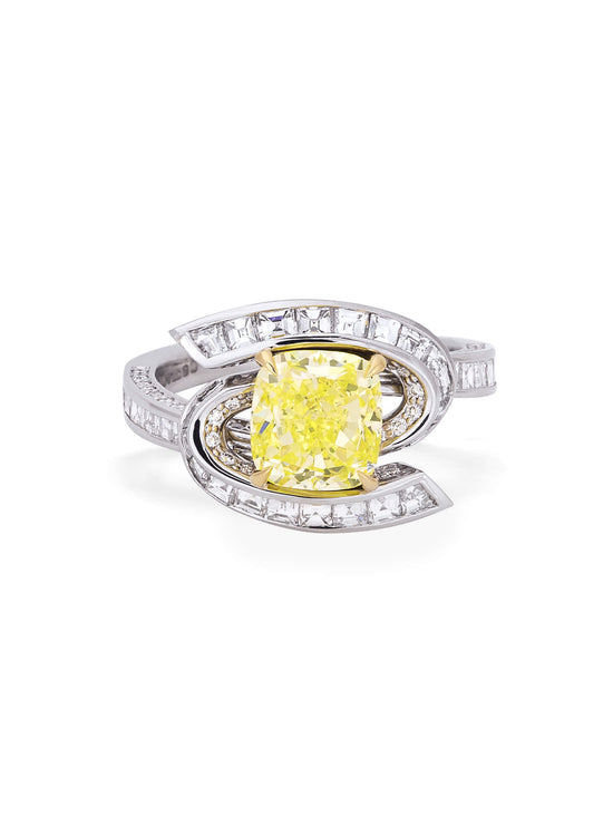 Swirl Design Platinum Cushion Yellow Diamond Ring