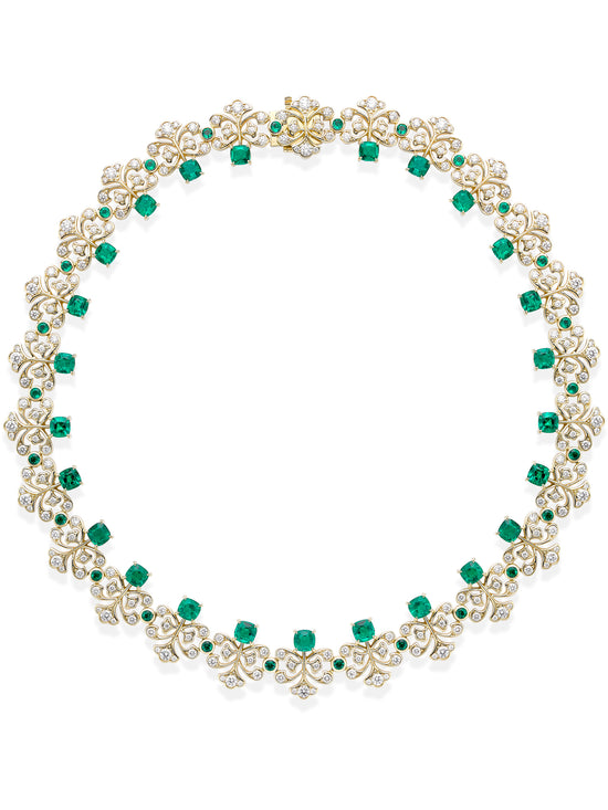 Fern Design Emerald Diamond Yellow Gold Necklace