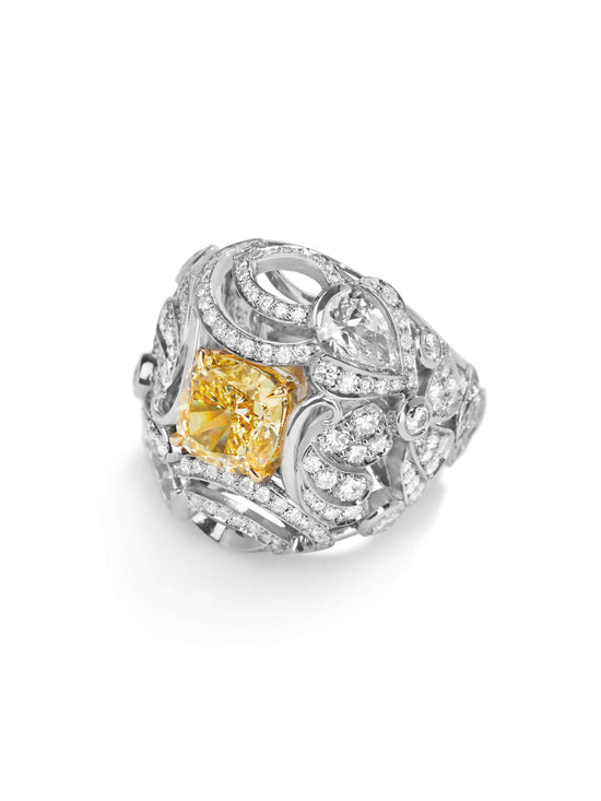 Chalk Stream Yellow Cushion Platinum Diamond Ring